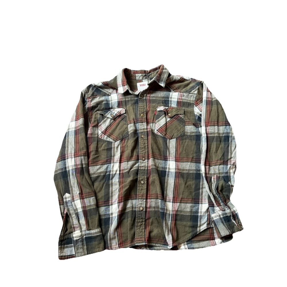 Vintage Levi's Shirt Mens Large Red Blue Plaid Flannel Button Up Western USA